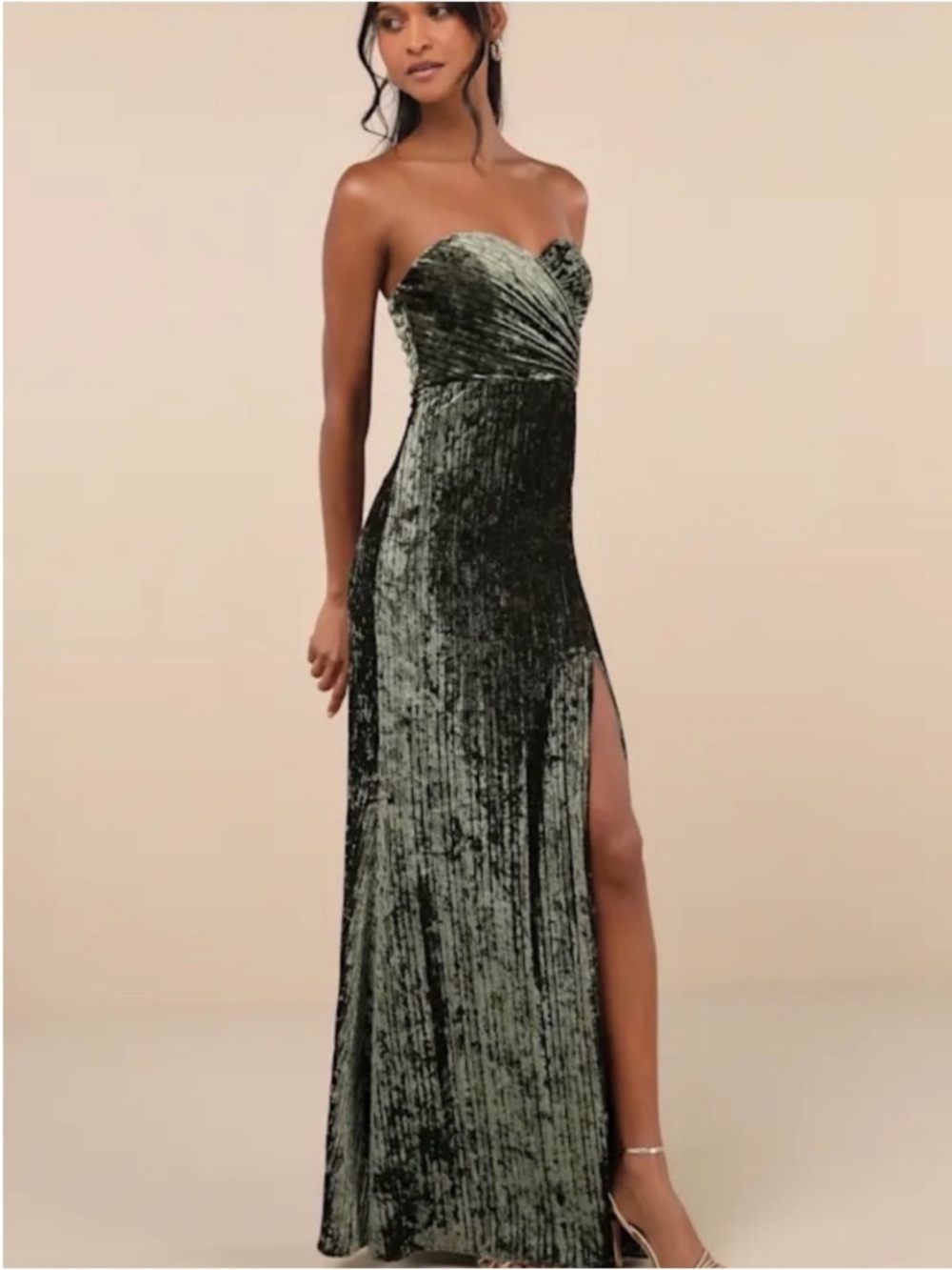 New Lulus Strapless Velvet Maxi Dress with Side Slit - Olive Green Sz Small
